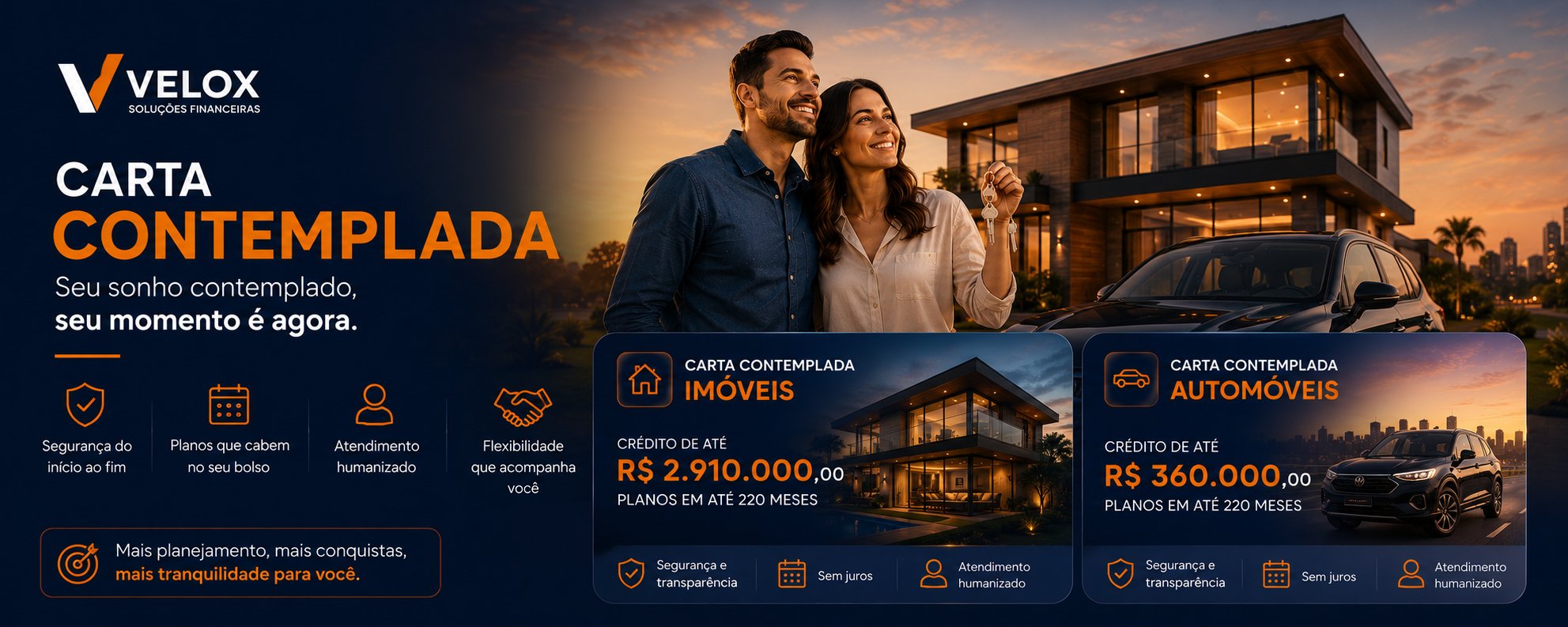Cartas contempladas Velox: crédito de até R$ 2.910.000 para imóveis e R$ 360.000 para automóveis, em planos de até 220 meses